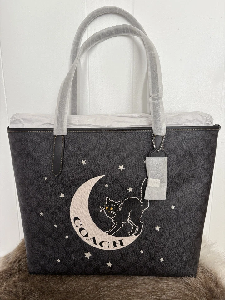 Coach Halloween Graphic City Tote CW451 Cat Moon SV/Charcoal Black