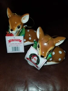 PAAR MR. CHRISTMAS LEUCHTENDE RENTIERE KERAMIK BAUMKRANZ DEKOR ORNAMENT NEU MIT ETIKETT - Bild 1 von 5