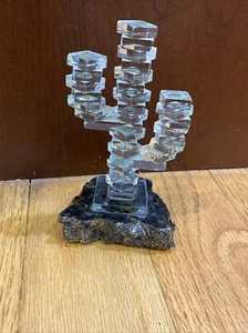Vintage Cut Stacked Glass Cactus Stone Base Art Deco Sculpture Figure Figurine - Picture 1 of 17