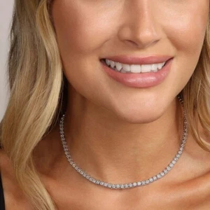 15CT Created Bezel Set Round Diamond Tennis Women Necklace 14K White Gold Plated - Picture 1 of 6