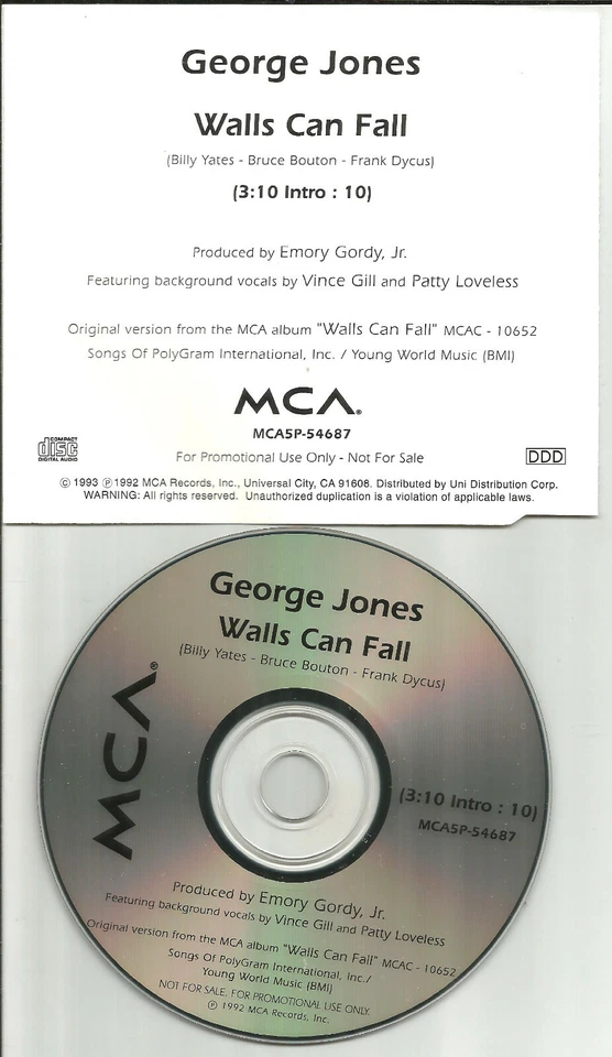 GEORGE JONES w/ PATTY LOVELESS & Vince Gill Walls Can fall PROMO DJ CD Single  Foto 1 de 1