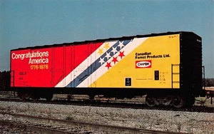 "Congratulations America" Canadian Forest Products Box Car Vintage Chrom Postkarte - Bild 1 von 2