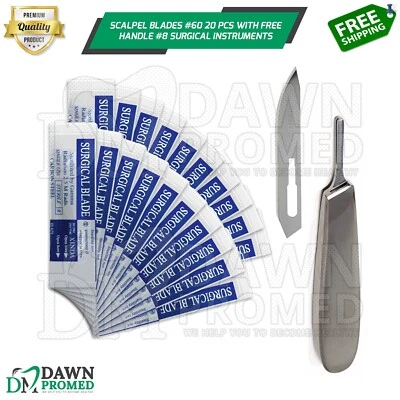 Scalpel Blades #60 20 Pcs W/Free BP Handle #8 Surgical Dental ENT Inst German Gr - Image 1 of 4