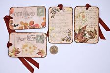 4~Primitive~Fall~Autumn~Postcard~Glitter~Leaves~Linen Cardstock~Gift~Hang~Tags