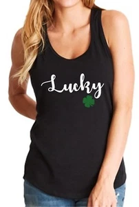 Womens Tank Top Lucky - St. Patrick’s Day Shirt, Green Clover Irish Shamrock Tee - Picture 1 of 9