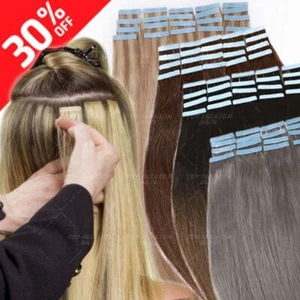 9A Russian Tape In Remy Human Hair Extensions Full Head Skin Weft Straight THICK - Picture 1 of 33