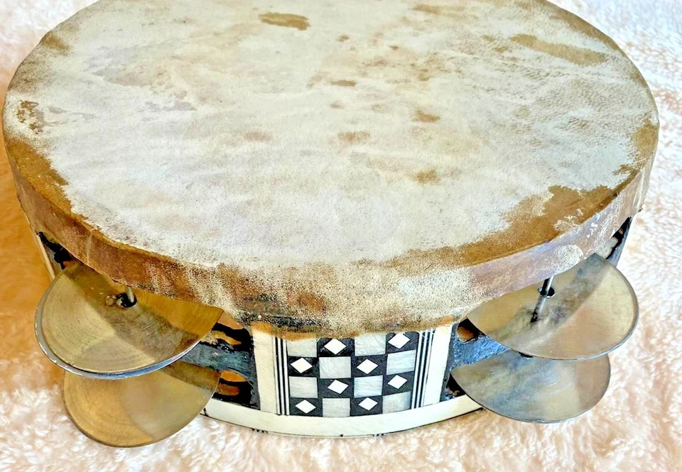 Banda musical vintage de madera de pandereta 291GM cubierta cuero genuino  Foto 1 de 4