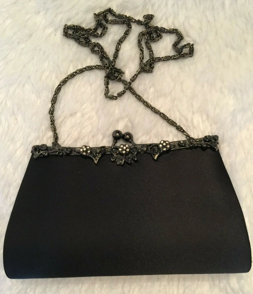 Bolso de Noche Pequeño Jessica McClintock para Mujer Negro Satinado Gunmetal Marco Floral Foto 1 de 4