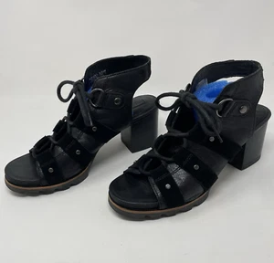 SOREL Womens Addington Lace Up Block Heels Black Leather Sandals Gladiator Boho - Picture 1 of 17