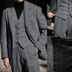 Business Men Suits Herringbone Grey Formal Classic Regular fit Wedding Tuxedo