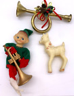 Vintage Midcentury Era Kitsch Christmas Ornaments Lot- Elf/Bugle/Reindeer Sweet