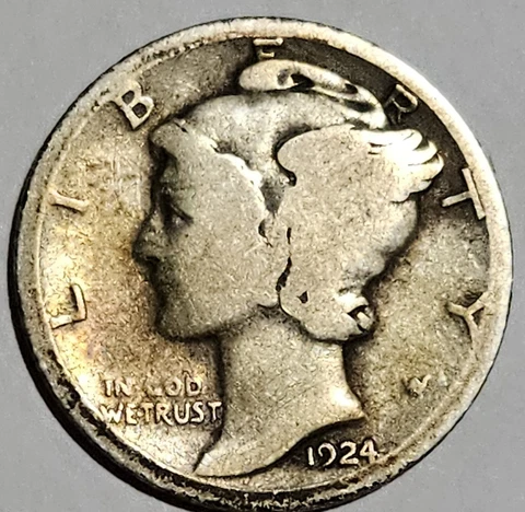 U.S.A. 1924-D Mercury Silver Dime, 90% Pure Silver, Toning, FAST SHIPPING Cover