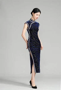 Navy Blue Velvet Lace Trim Long Qipao Dress - Picture 1 of 16