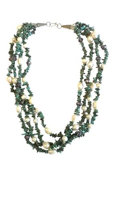 EUC Multi Strand Turquoise Pearl Amethyst 4 Strand Sterling Silver Closure 17" - Image 1 of 4