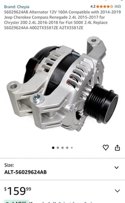 Alternator 56029624AB for Chrysler 200 15-17 Jeep Cherokee 14-19 Compass 17-20 - Изображение 1 из 4