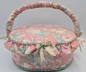 Vintage Pentapco Handcrafted Pink Floral Wicker & Cloth Sewing Basket Crafts Box - Picture 1 of 10