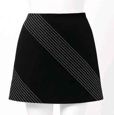 Poleci Sz 6 Black Linen Asymmetrical Embroidered Stripe Pencil Casual Mini Skirt - Image 1 of 4