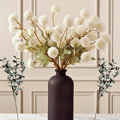 Flores falsas brancas para vaso - Kiku 10 hastes e eucalipto, hastes de flores falsas... - Imagem 1 de 4