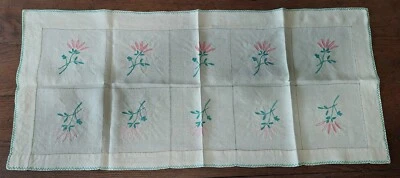 Napperon ancien lin écru brodé jours 40 X 90 cm - Photo 1/4