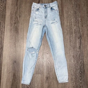 American Eagle Distressed Super Stretch Curvy Hi Rise Jegging Womens Sz 4 Blue - Picture 1 of 7