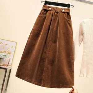Plus Size Corduroy A-Line Midi Skirt Elastic Waist Ruffle Winter Long - Picture 1 of 20