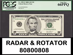 USA 2003 (A) $5 Fr# 1991-F RADAR & ROTATOR Serial 80800808 GEM UNC PCGS 66 PPQ - Picture 1 of 3
