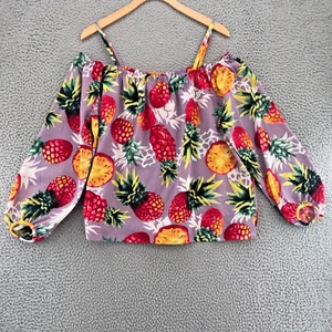 Entro Top Women Medium Purple Multi Pineapple Off Shoulder Crepe Tropical Blouse - Picture 1 of 10