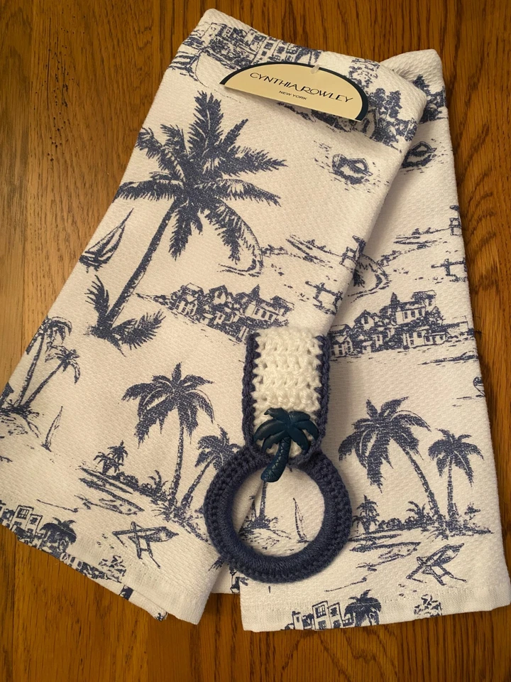 " PALM TREES AT SUNSET" dish towels with crochet towel ring holder(3pc set) - Image 1 of 3