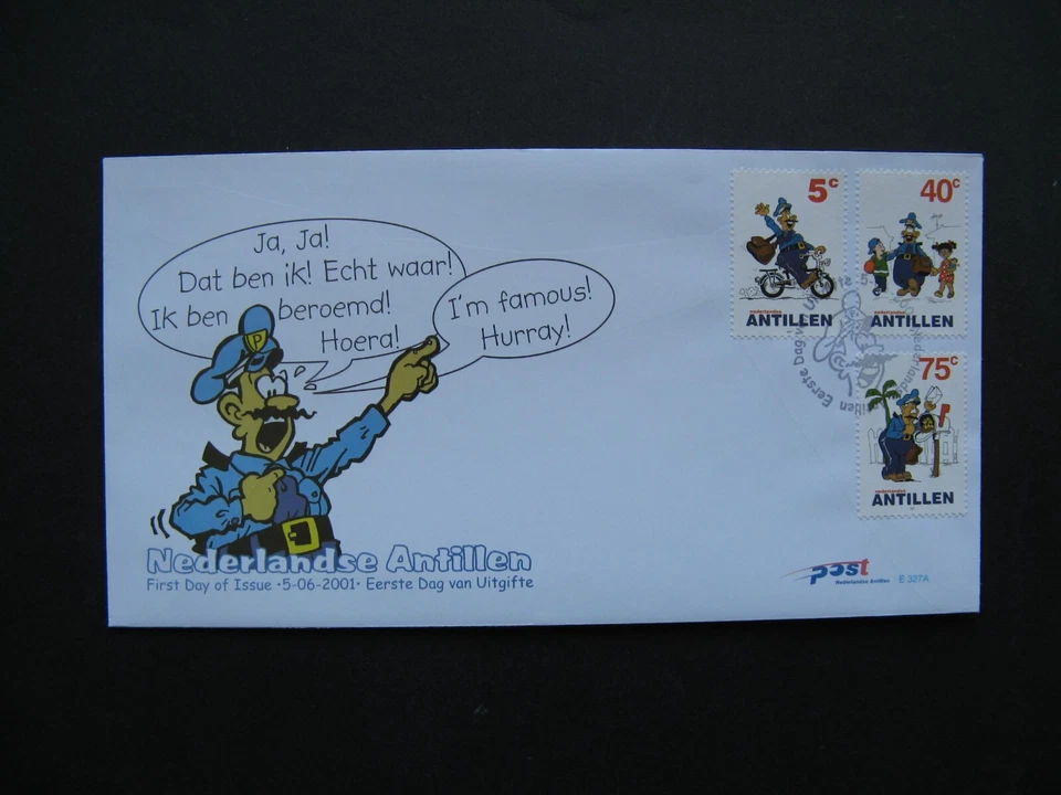 NETHERLANDS ANTILLES, cover FDC 2001, comics postman Fedjai bicycle - Image 1 of 1