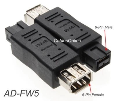 9-Pin 1394b Male to 6-Pin 1394a Female Firewire Adapter, CablesOnline AD-FW5 - Image 1 of 3