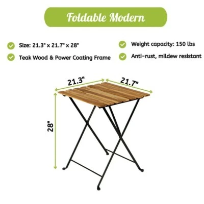 Solid Teak Wood Bistro Set Folding Table And Chair Set Power Coating Frame Patio - Image 1 of 4