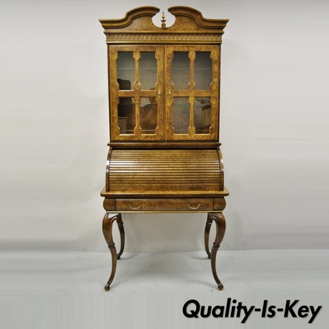 Vintage Italian Regency Burlwood Laminate Saber Leg Tall Secretary Desk Display Cover