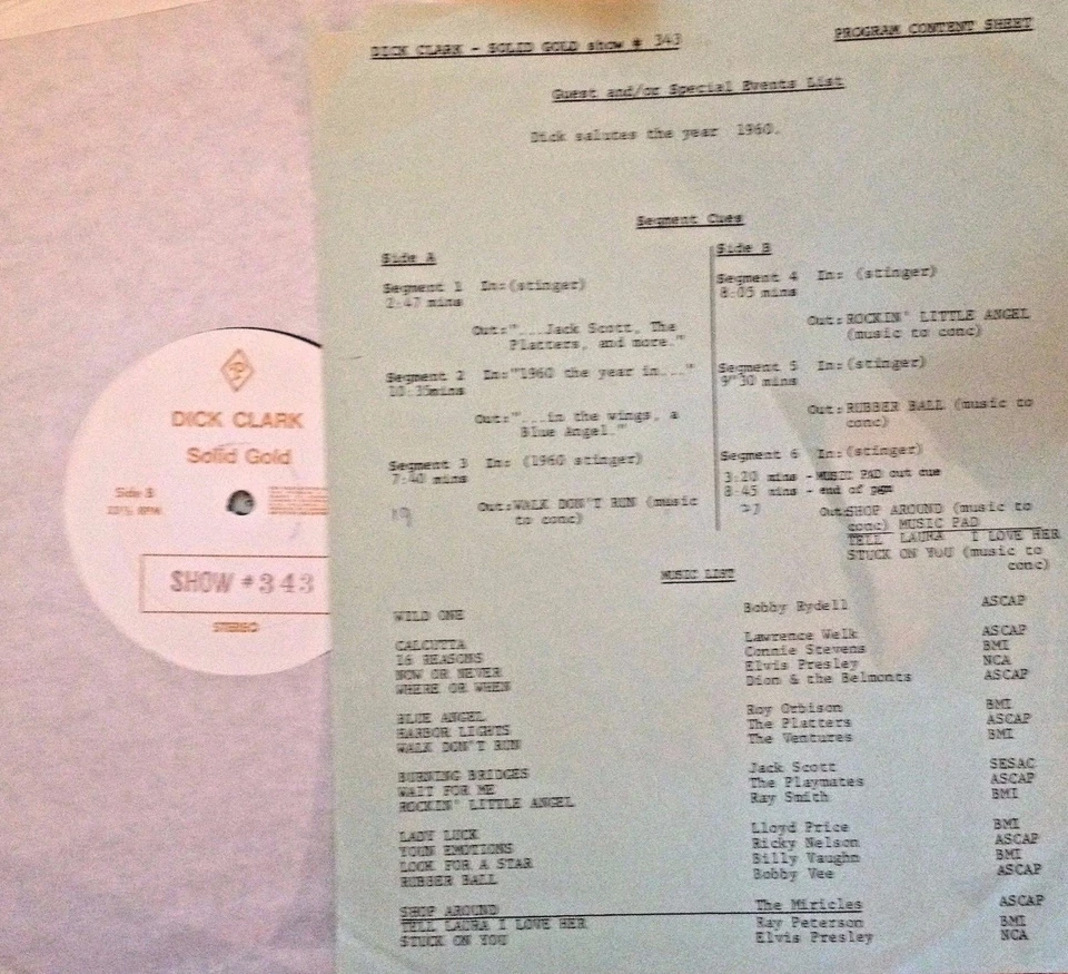 RADIO SHOW: DICK CLARK GOLD 343 1960! ROY ORBISON, ELVIS,DION, VENTURES,MIRACLES - Image 1 of 1