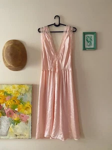 Vintage 1980s Peach Satin Sheen Lace Lace Nightgown Negligee Maxi Scooped Back - Picture 1 of 6