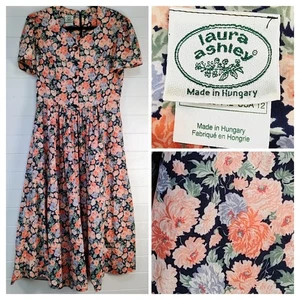 Vintage Laura Ashley Floral Cottagecore Short Sleeve Cotton Dress US 12 Prairie - Picture 1 of 15