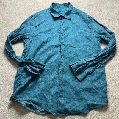 Tasso Elba Paisley 100% Linen Button Up Shirt Mens XL Blue Foto 1 de 4