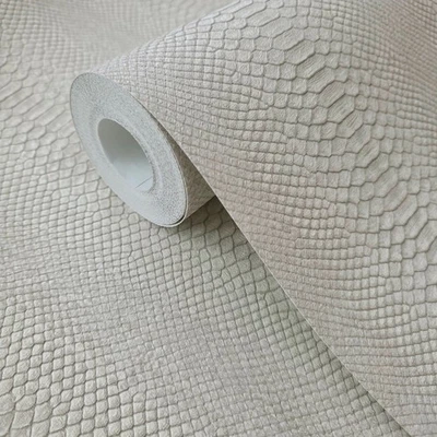 Embossed grayish off white cream faux python scale snake skin textured wallpaper - Image 1 of 4