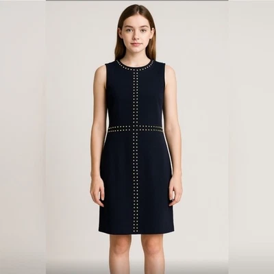 Vestido Carmen Marc Valvo elegante azul marino con detalles de tachuelas doradas talla 8 cóctel Foto 1 de 4