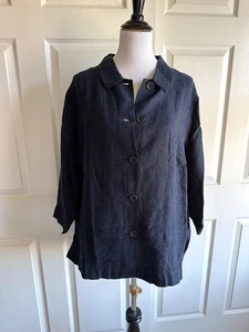 NWT EILEEN FISHER $218 3X Classic Collar Button Front Jacket Puckered Linen Ink - Picture 1 of 14