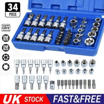 34Pcs Torx Star Socket & Bit Set Male Female E & T Sockets Torx Bits + Case Kit - Image 1 of 4