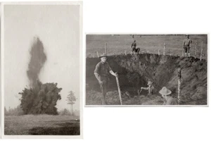 2 fotos de la Primera Guerra Mundial 1917 explosión de proyectil de artillería y cráter - Imagen 1 de 3