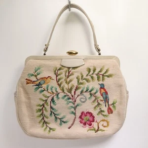 Vtg Needlepoint Satchel Handbag L Ivory Wool Floral Birds LIned Purse Bag Pouc - Picture 1 of 23