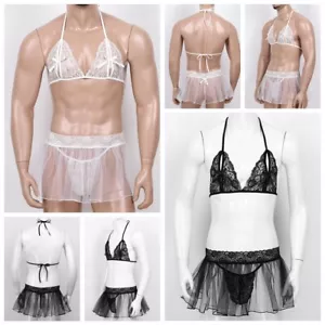 Set minigonna reggiseno Sissy uomo lingerie sexy intimo pizzo capezzolo spacco - Foto 1 di 49