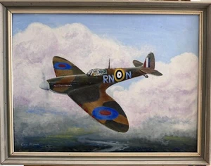 Vintage painting on board Supermarine Spitfire RN-N World W Plane signed framed - Picture 1 of 6