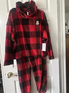 Joyspun Hooded Teddy Bear Velour 2PC Pajama/Lounge Set,Womens XL,Buffalo Plaid - Picture 1 of 7