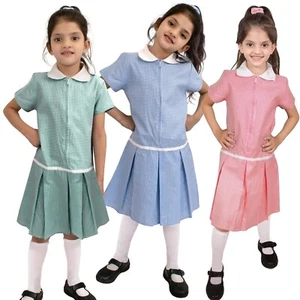 Kids Girls Gingham School Dress Zip Up Check Dresses With Matching Scrunchies - Picture 1 of 16