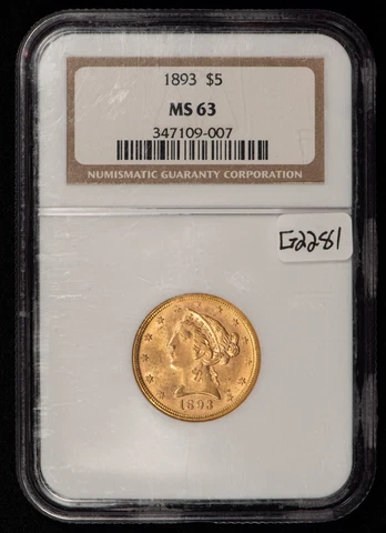 1893 G$5 Liberty Head Gold Half Eagle - Better Date - NGC MS 63 - G2281 Cover