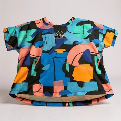 Kids Adidas Graphic T-Shirt Abstract Print Blue Pink Orange Cotton Size M 10 12 - Image 1 of 4