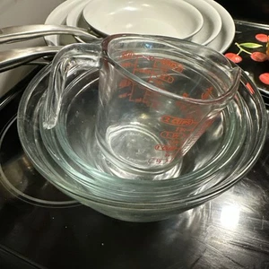 Vintage Anchor Hocking 3 Stück Glas Rührschüssel Sets/mit 2 Tassen Messbecher - Bild 1 von 8