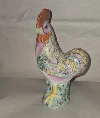 Antigua estatuilla de gallo rosa familiar cerámica china siglo XIX pintada a mano Foto 1 de 4